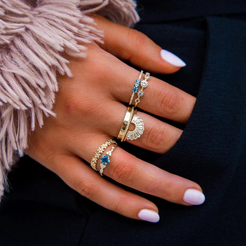 Solid Gold Diamond & Topaz Illuminating Baguette Arc Ring