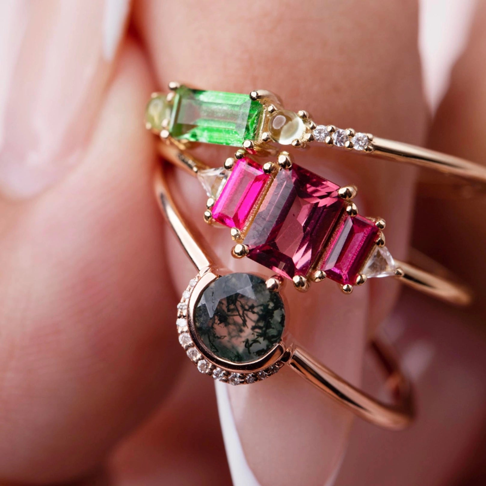 14kt Gold Diamond, Peridot and Green Topaz Belle Ring