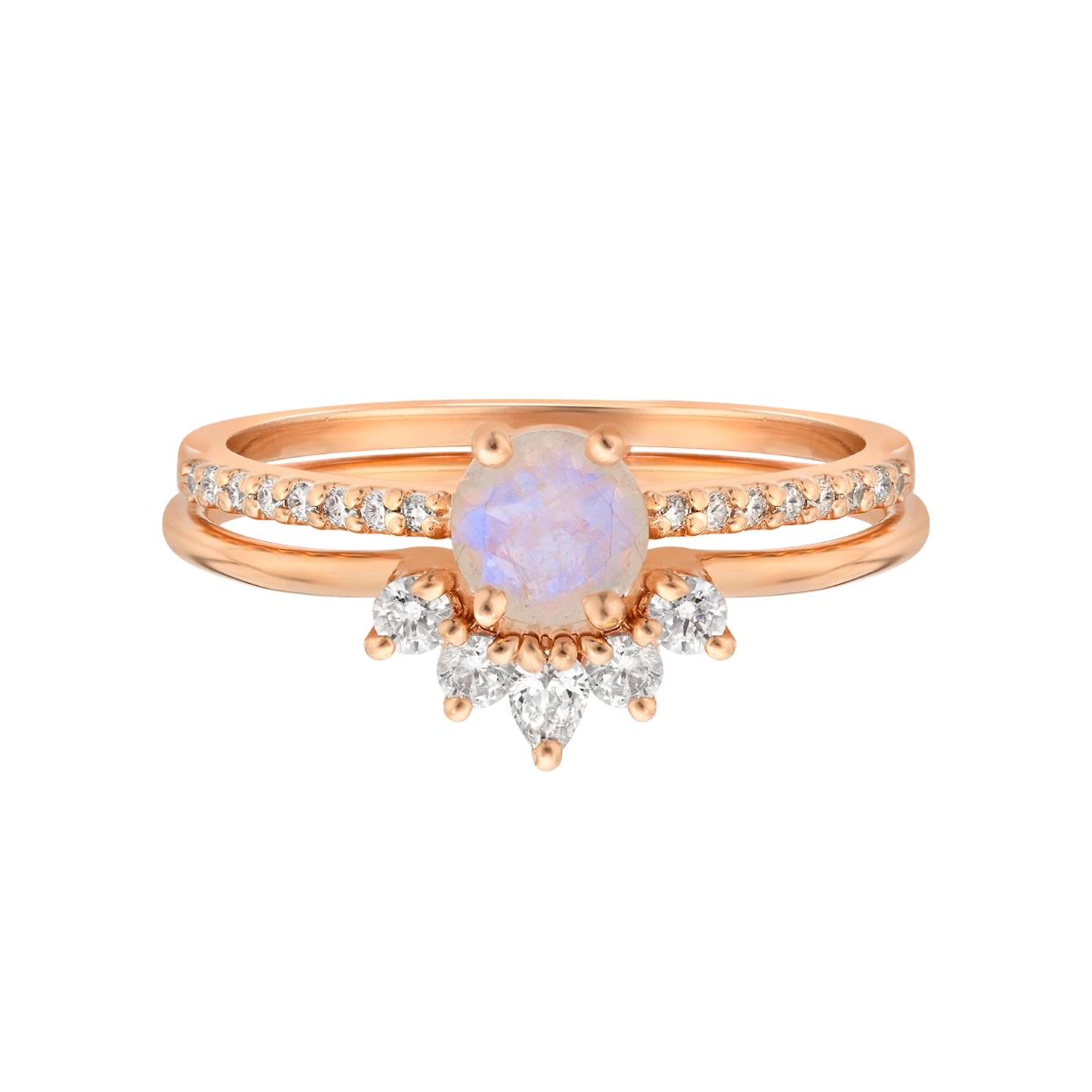 Rose Gold Rainbow Moonstone & Topaz Dancing Fairy Ring Set